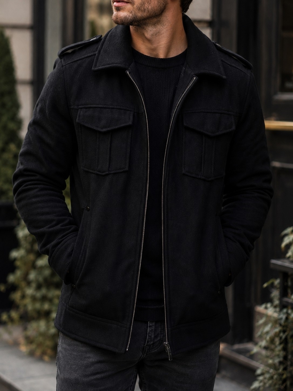 GUESS Men's Black Wool Blend Field Jacket Coat Size L Zip Pockets